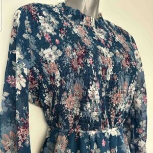 Pink Rose Navy Floral Smocked Long-Sleeve Dress